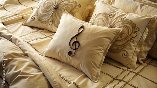 Vintage cream-colored bed sheets with intricately embroidered musical notes and treble clefs, elegantly draped over a plush pillow, evoking a sense of romantic nostalgia. photo