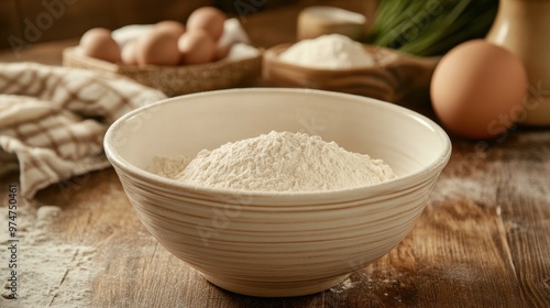 A bowl of flour surrounded by eggs and additional flour, ready for baking.