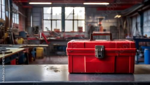 Red toolbox on a metal table with a workshop background