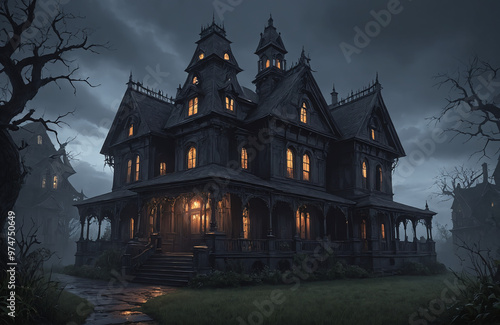 3d render of halloween theme haunted house at night with big moon