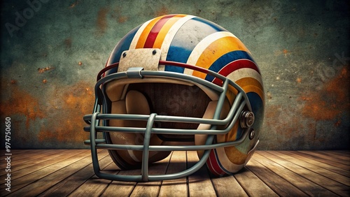 Vintage gridiron glory shines in worn, colorful retro football helmets adorned with nostalgic logos, stripes, and facemasks, evoking nostalgic memories of classic American sports. photo