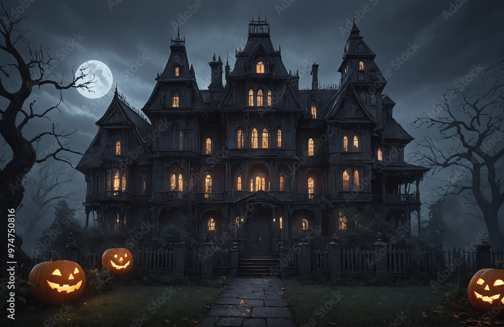 3d render of halloween theme haunted house at night with big moon 3d render of halloween theme haunted house at night with big moon