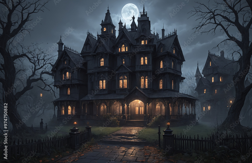 3d render of halloween theme haunted house at night with big moon 3d render of halloween theme haunted house at night with big moon