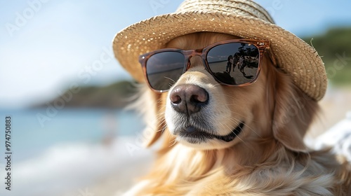 Portrait of a dog on a white background wearing sunglasses and a straw summer hatA happy golden retriever is ready to relax in the summer near sea The dog is ready for summer travel : Generative AI photo