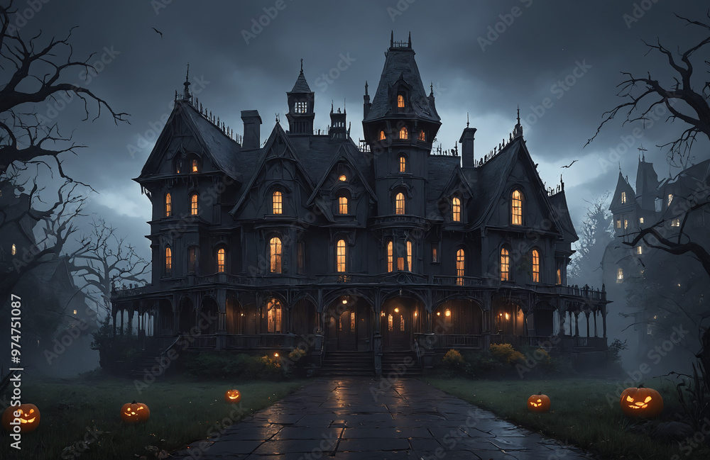 3d render of halloween theme haunted house at night with big moon 3d render of halloween theme haunted house at night with big moon