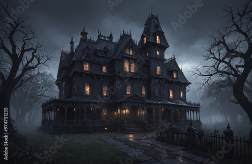 3d render of halloween theme haunted house at night with big moon