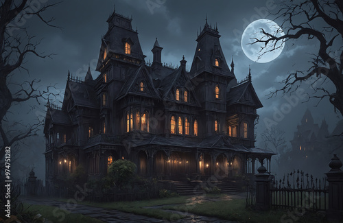 3d render of halloween theme haunted house at night with big moon