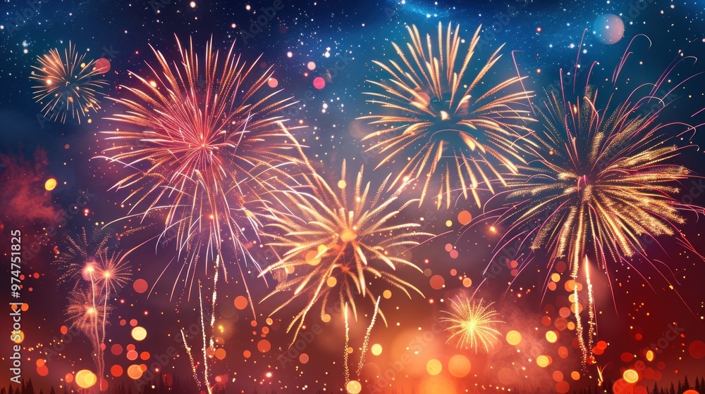 Fototapeta premium A Colorful Explosion of Fireworks Illuminating the Night Sky in a Spectacular Summer Festival Celebration
