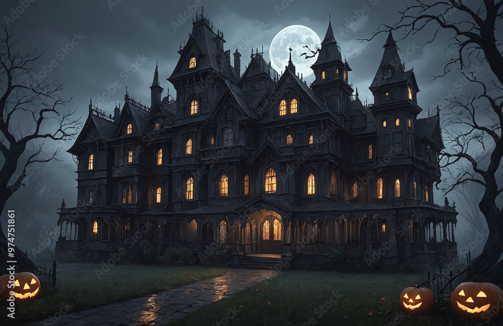 3d render of halloween theme haunted house at night with big moon 3d render of halloween theme haunted house at night with big moon