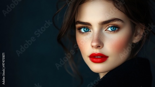 Young beautiful darkhaired woman with light porcelain skinWoman with blue eyes and bright red lipsWoman posing in a black coat on a dark backgroundFashion clothing advertising Cosmetic : Generative AI photo