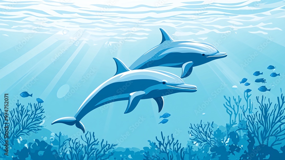 Fototapeta premium Two playful dolphins swim together in a vibrant coral reef.