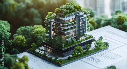 A model of an eco-friendly building with architectural blueprints in the background and greenery on the roof surrounded by trees.  Concept of  Environmental Sustainability in Construction Blueprints.