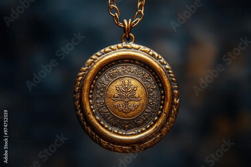 ornate golden wax seal floating in midair casting intricate shadows soft light illuminates its detailed embossing against a rich velvety background