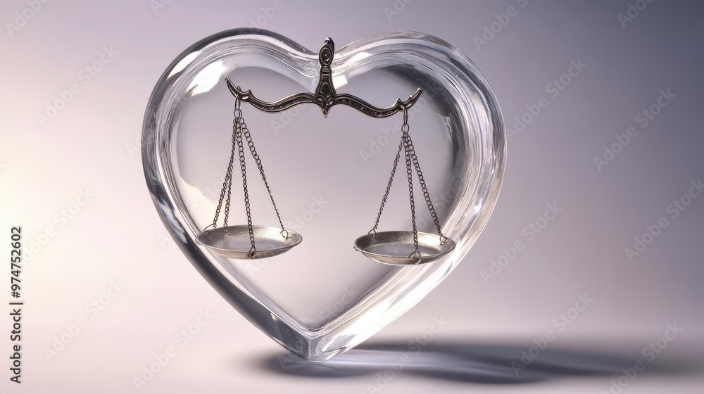 A clear heart floating with scales of justice inside, symbolizing fairness in business and ethics A clear heart floating with scales of justice inside, symbolizing fairness in business and ethics