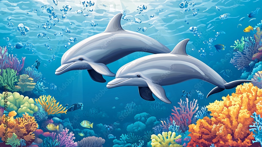 Obraz premium Two playful dolphins swim over a vibrant coral reef in the clear blue ocean.