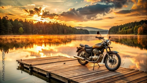 Vintage-style motorcycle parked on a rustic wooden dock overlooking a serene lake at sunset, with warm golden light and subtle water reflections. photo