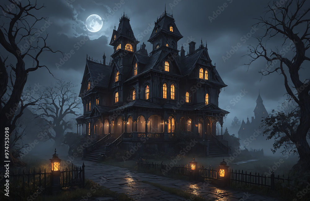 3d render of halloween theme haunted house at night with big moon 3d render of halloween theme haunted house at night with big moon