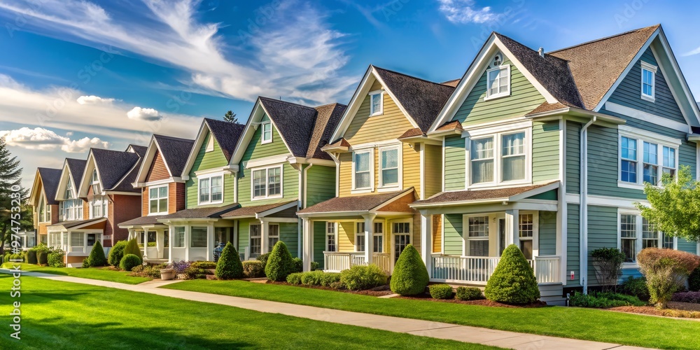 A Row of Colorful Houses on a Sunny Day, Wide Shot, Homes, Architecture, Neighborhood , homes, architecture A Row of Colorful Houses on a Sunny Day, Wide Shot, Homes, Architecture, Neighborhood , homes, architecture