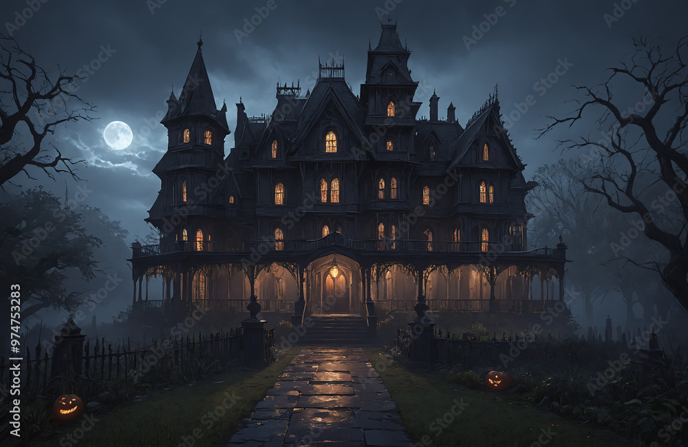 3d render of halloween theme haunted house at night with big moon 3d render of halloween theme haunted house at night with big moon