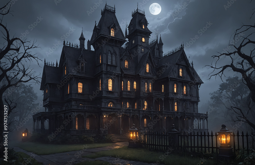 3d render of halloween theme haunted house at night with big moon 3d render of halloween theme haunted house at night with big moon