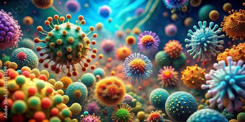 A Symphony of Viruses A Vibrant 3D Illustration of Diverse Microbial Life, virus, microbe, pathogen