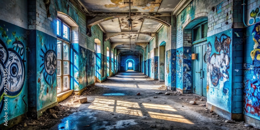 Fototapeta premium Abandoned Hallway with Blue Graffiti, Sunlight Streaks, Crumbling Walls, Abandoned Building, Graffiti Art, Urban Decay, Interior Design