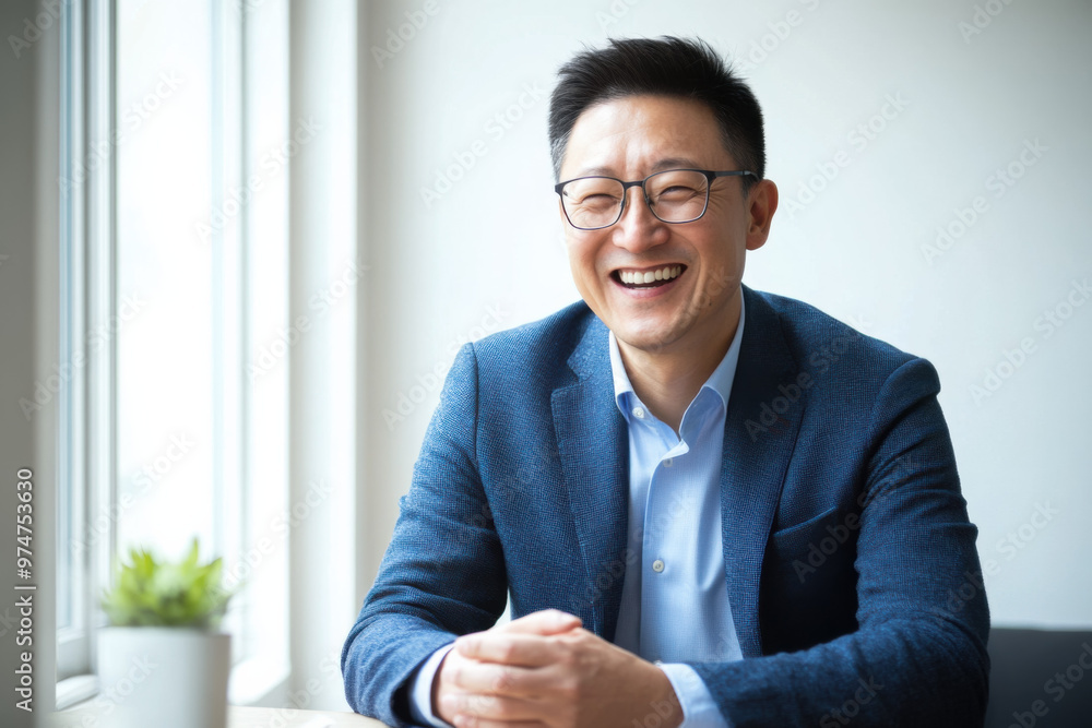 A Chinese businessman in her 30s, wearing glasses, is happily smiling while sitting in her office in front of a window. A Chinese businessman in her 30s, wearing glasses, is happily smiling while sitting in her office in front of a window.