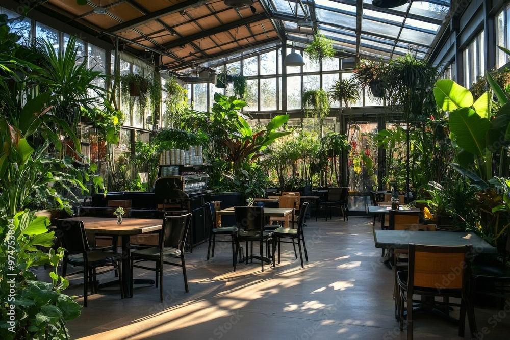 Indoor dining space with tables, chairs, and greenery. Indoor dining space with tables, chairs, and greenery.