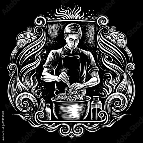 Vintage engraving style chef cooking in ornate frame