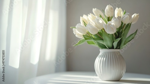 A bouquet of dry white tulips in a white ceramic vase on the table : Generative AI