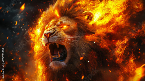 Majestic Lion Roaring with Fiery Mane in Blazing Flames - Powerful Digital Art of Ferocious King of Beasts in Fiery Background