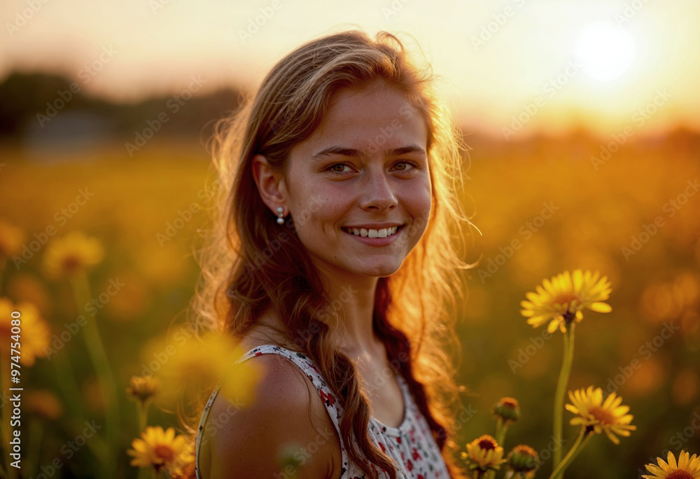 Woman smiling in a sunflower field during golden hour Woman smiling in a sunflower field during golden hour