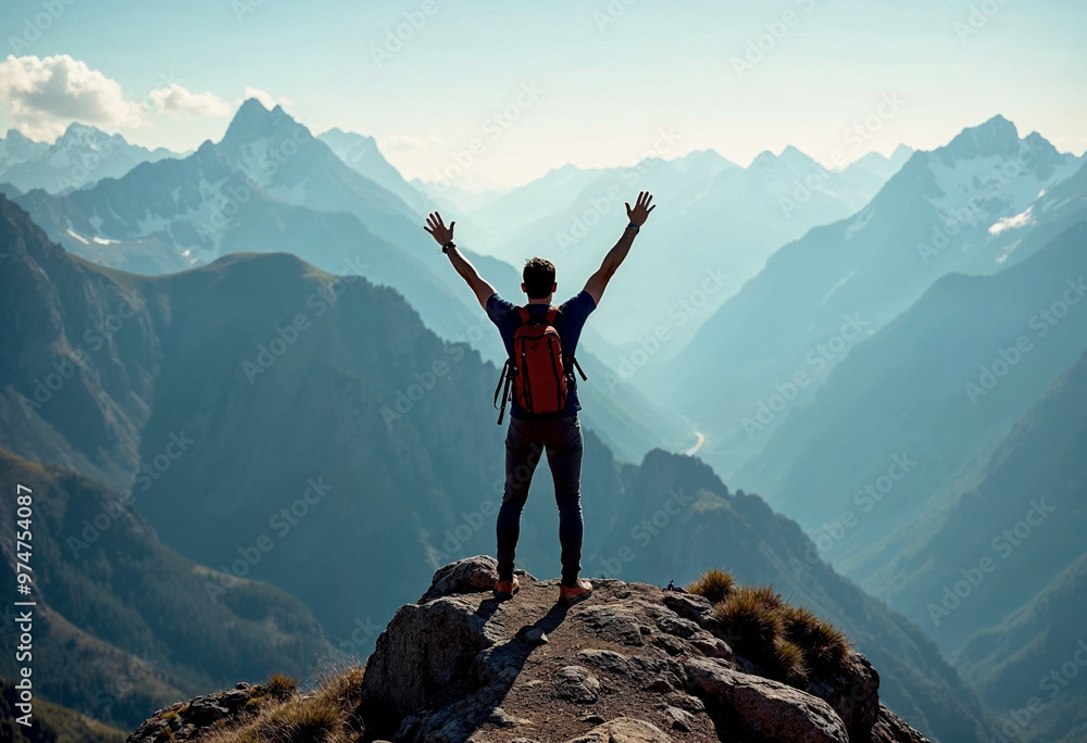 Man standing on a mountain peak with arms raised in celebration Man standing on a mountain peak with arms raised in celebration