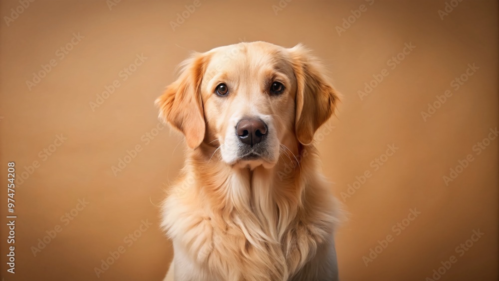Warm beige background with a cute, fluffy, golden retriever sitting calmly, looking directly at the camera with a sweet and gentle expression. Warm beige background with a cute, fluffy, golden retriever sitting calmly, looking directly at the camera with a sweet and gentle expression.