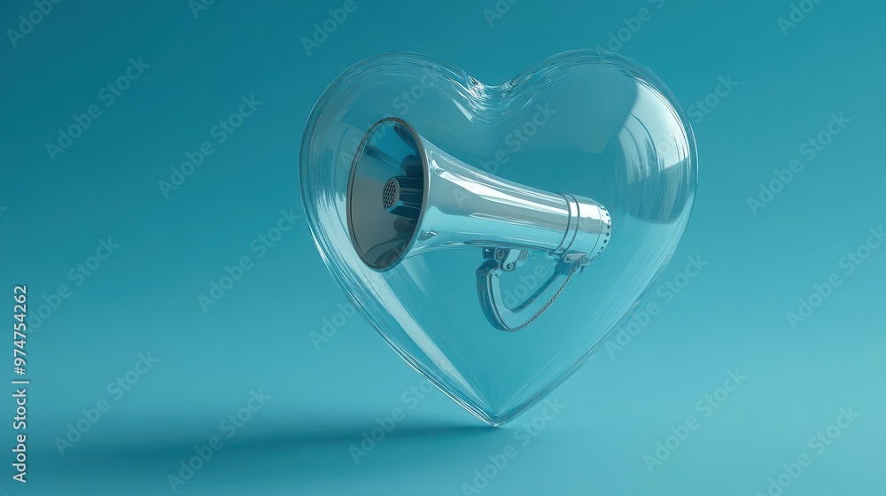 A floating clear glass heart with a megaphone inside, symbolizing marketing and business communication A floating clear glass heart with a megaphone inside, symbolizing marketing and business communication