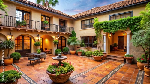 Warm beige stucco walls contrast with sleek ironwork and vibrant terracotta tiles in a stylish modern Spanish colonial courtyard, surrounded by lush greenery.