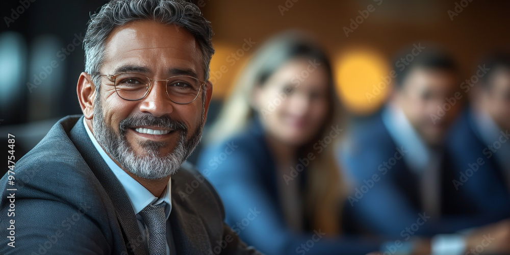 Obraz premium Smiling businessman in a suit looking directly at the camera.