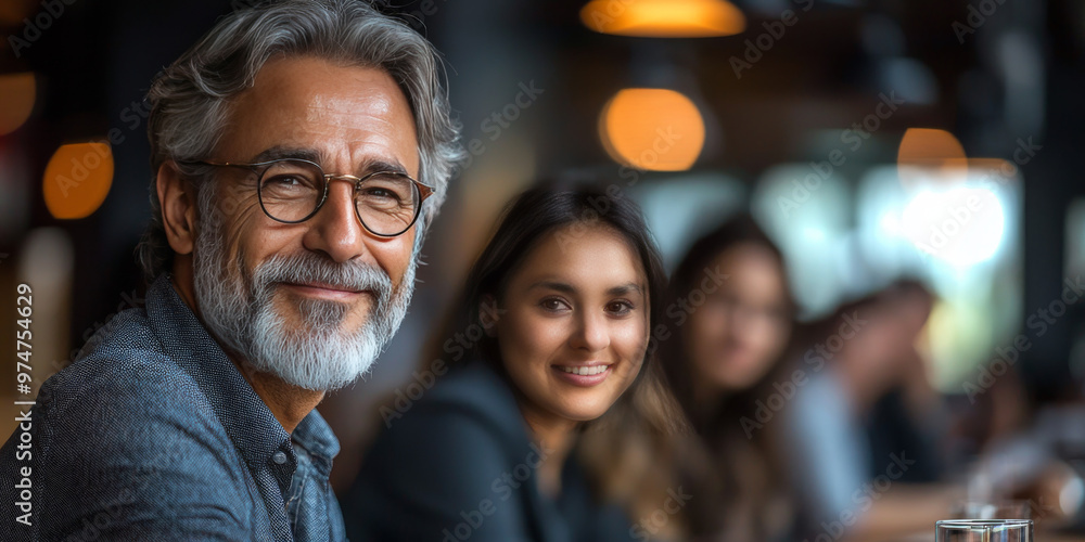 Smiling man with grey hair and beard looks at the camera while sitting at a table.