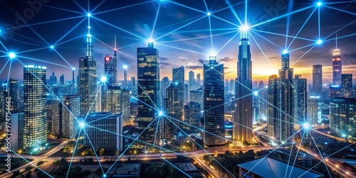 Wallpaper Mural Cityscape with Interconnected Towers at Night, Digital Network, Smart City, Technology , cityscape, network, smart city Torontodigital.ca