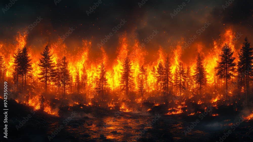 Intense Nighttime Forest Fire Engulfing Trees and Landscape, Dramatic Flames and Smoke, Environmental Disaster Intense Nighttime Forest Fire Engulfing Trees and Landscape, Dramatic Flames and Smoke, Environmental Disaster