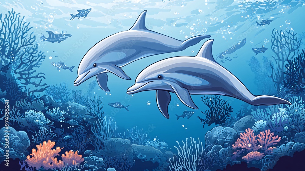 Fototapeta premium Two dolphins swimming in a vibrant coral reef with other marine life.