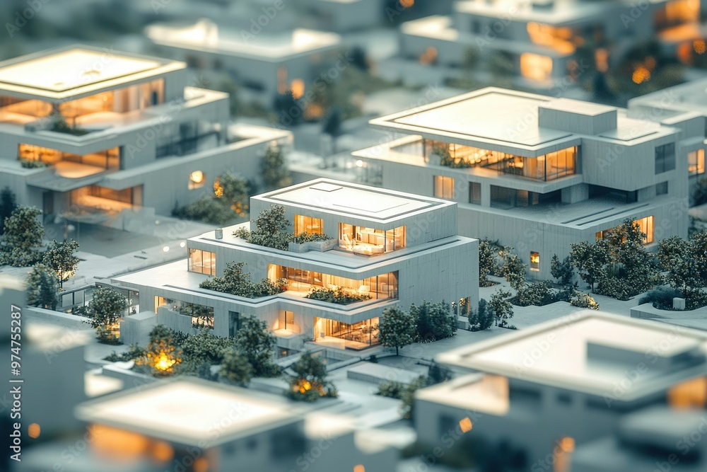An aerial view of a model of a modern, minimalist housing development. An aerial view of a model of a modern, minimalist housing development.