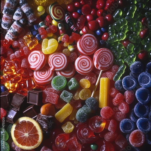 Candy – Overhead Shot of Colorful Candies Including Lollipops and Gummies on a Vibrant Background
