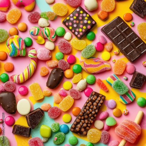 Candy – Overhead Shot of Colorful Candies Including Lollipops and Gummies on a Vibrant Background
