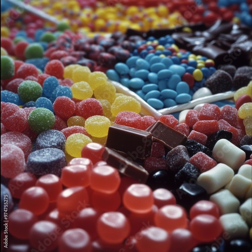 Candy – Overhead Shot of Colorful Candies Including Lollipops and Gummies on a Vibrant Background

