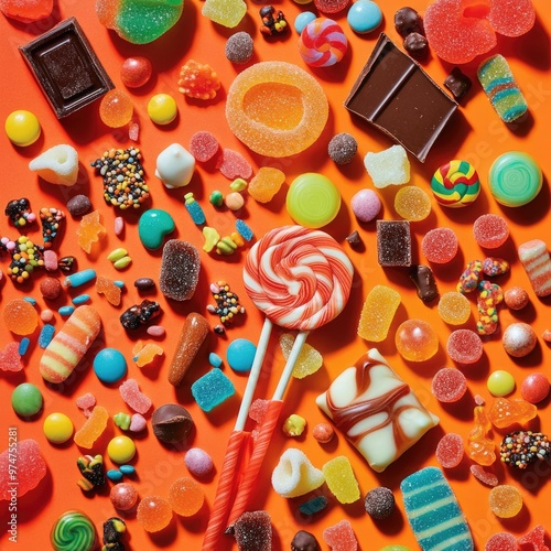 Candy – Overhead Shot of Colorful Candies Including Lollipops and Gummies on a Vibrant Background
