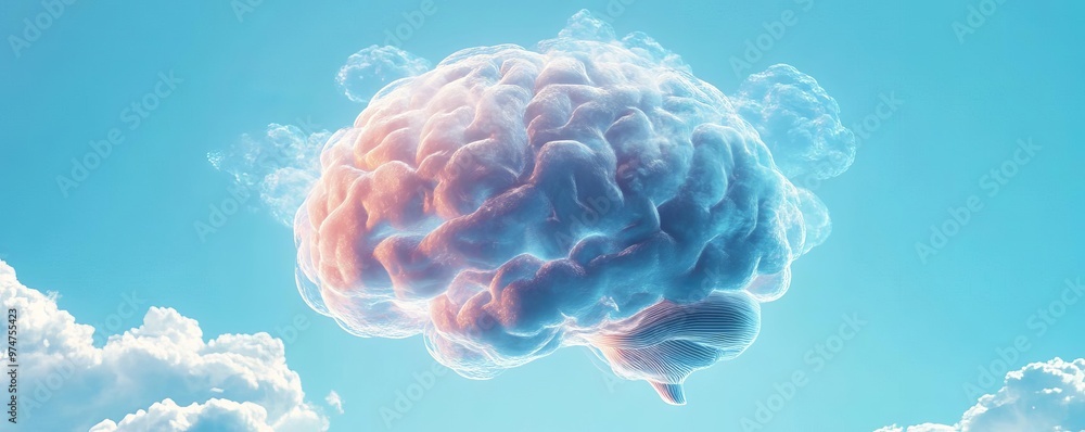 Obraz premium A surreal image of a brain floating among clouds, representing creativity, imagination, and thoughtfulness in a dreamy sky.
