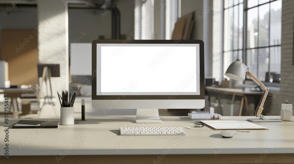 A modern workspace featuring a computer, desk accessories, and natural light. A modern workspace featuring a computer, desk accessories, and natural light.