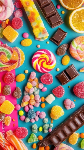 Candy – Overhead Shot of Colorful Candies Including Lollipops and Gummies on a Vibrant Background

