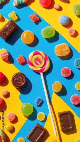 Candy – Overhead Shot of Colorful Candies Including Lollipops and Gummies on a Vibrant Background